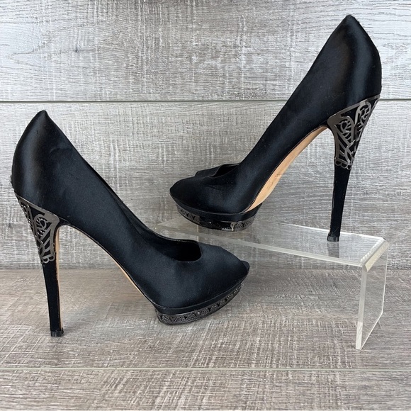 BCBGMAXAZRIA sz 6.5 Dalton black satin peep toe platform pumps metal accents - Picture 5 of 15